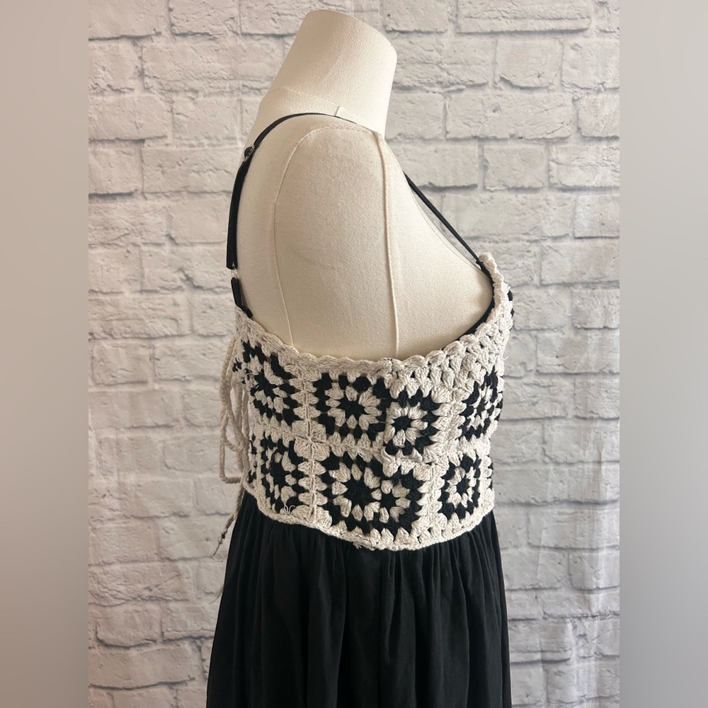 Crochet Maxi Dress Bohemian Boho Black Euro Fall Granny Squares 100% Cotton - Picture 6 of 10